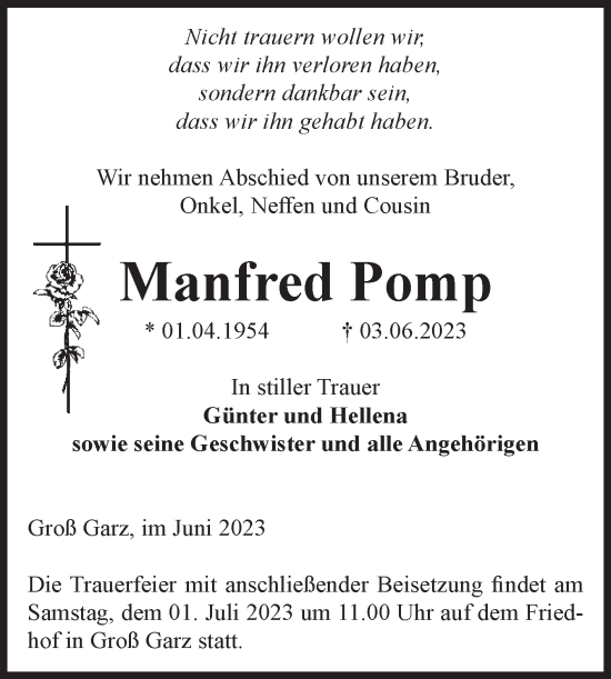 Traueranzeige von Manfred Pomp von Volksstimme Altmark Ost