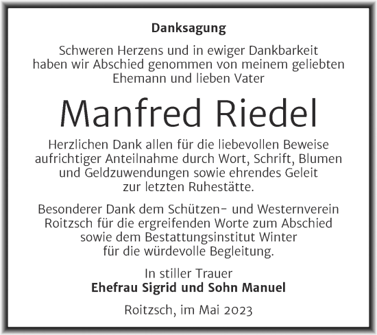 Traueranzeige von Manfred Riedel von Trauerkombi Bitterfeld