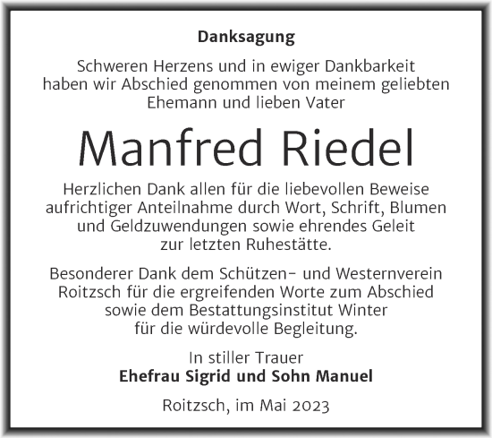 Traueranzeige von Manfred Riedel von Trauerkombi Bitterfeld