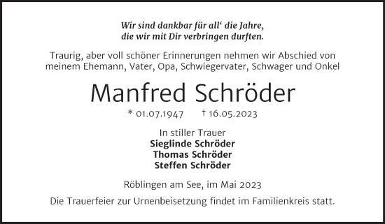 Traueranzeige von Manfred Schröder von Trauerkombi Mansfelder Land
