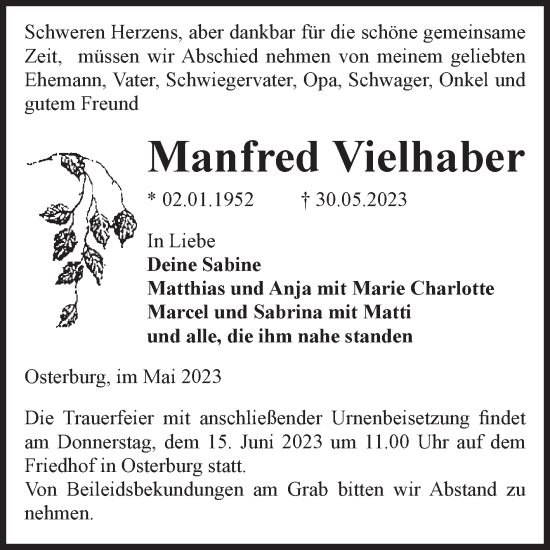 Traueranzeige von Manfred Vielhaber von Volksstimme Altmark Ost