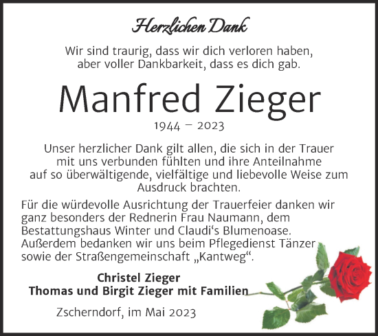 Traueranzeige von Manfred Zieger von Trauerkombi Bitterfeld