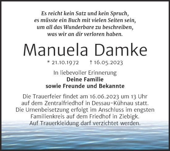 Traueranzeige von Manuela Damke von Trauerkombi Dessau