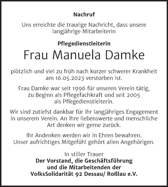 Traueranzeige von Manuela Damke von Mitteldeutsche Zeitung Dessau-Roßlau