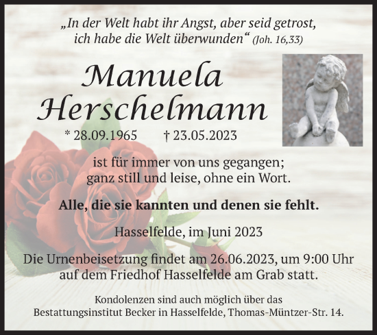Traueranzeige von Manuela Herschelmann von Volksstimme Wernigerode