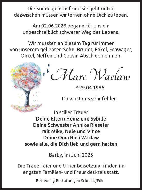 Traueranzeige von Marc Waclaw von Volksstimme Schönebeck