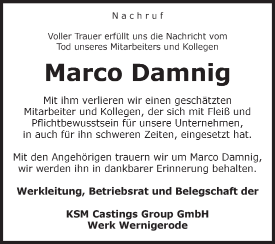 Traueranzeige von Marco Damnig von Super Sonntag Quedlingburg