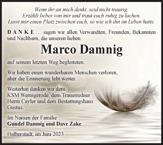 Traueranzeige von Marco Damnig von Volksstimme Halberstadt