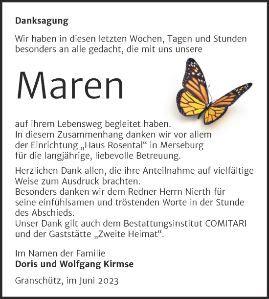 Traueranzeige von Maren  von Trauerkombi Weißenfels