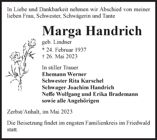 Traueranzeige von Marga Handrich von Volksstimme Zerbst