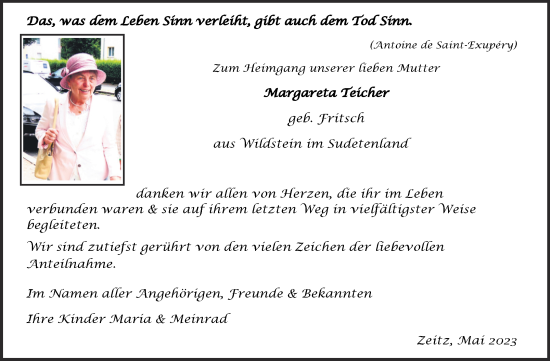 Traueranzeige von Margareta Teicher von Trauerkombi Zeitz