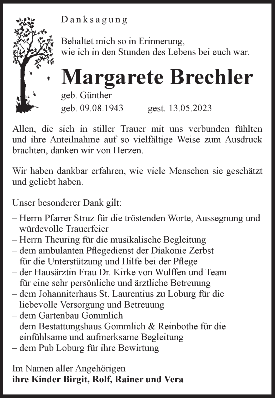 Traueranzeige von Margarete Brechler von Volksstimme Burg/Genthin