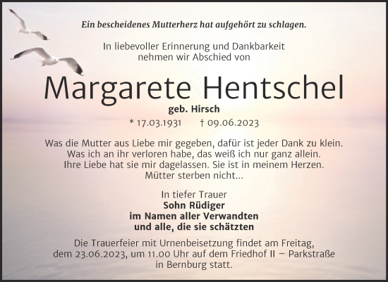 Traueranzeige von Margarete Hentschel von Trauerkombi Bernburg