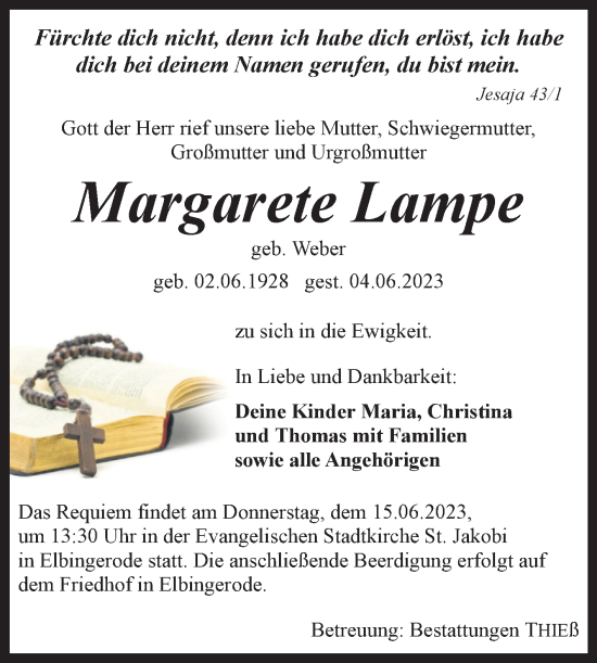 Traueranzeige von Margarete Lampe von Volksstimme Wernigerode