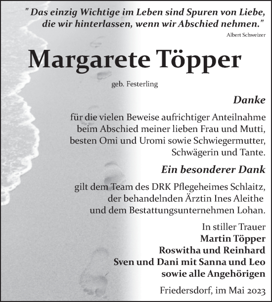 Traueranzeige von Margarete Töpper von Trauerkombi Bitterfeld