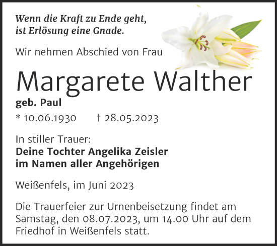 Traueranzeige von Margarete Walther von Trauerkombi Weißenfels