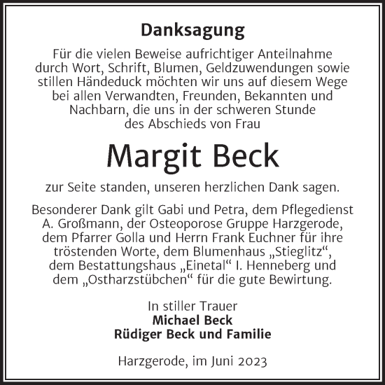 Traueranzeige von Margit Beck von Super Sonntag Quedlingburg