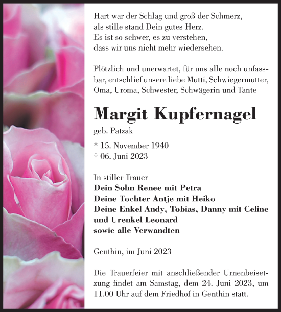 Traueranzeige von Margit Kupfernagel von Volksstimme Burg/Genthin