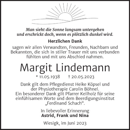 Traueranzeige von Margit Lindemann von Trauerkombi Wittenberg