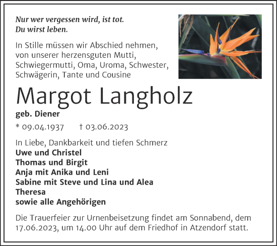 Traueranzeige von Margot Langholz von Trauerkombi Merseburg