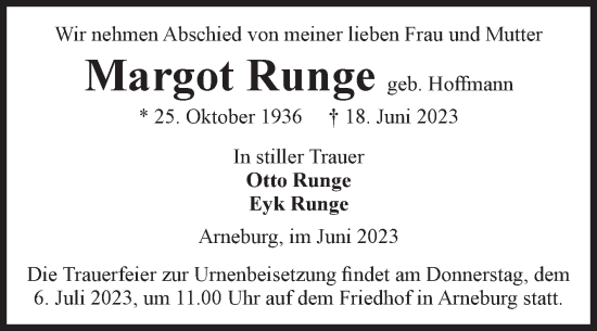 Traueranzeige von Margot Runge von Volksstimme Altmark Ost