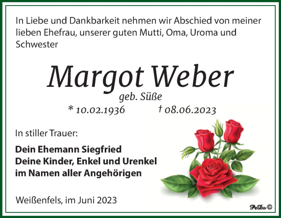 Traueranzeige von Margot Weber von Trauerkombi Weißenfels