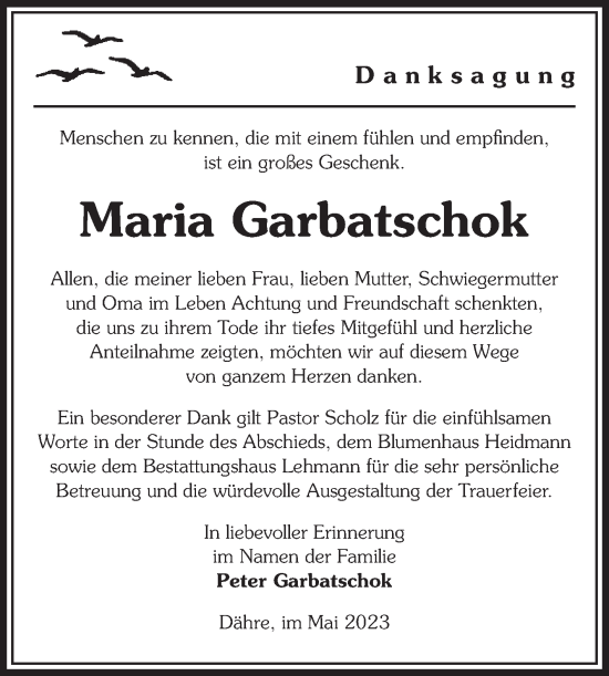 Traueranzeige von Maria Garbatschok von Volksstimme Altmark West
