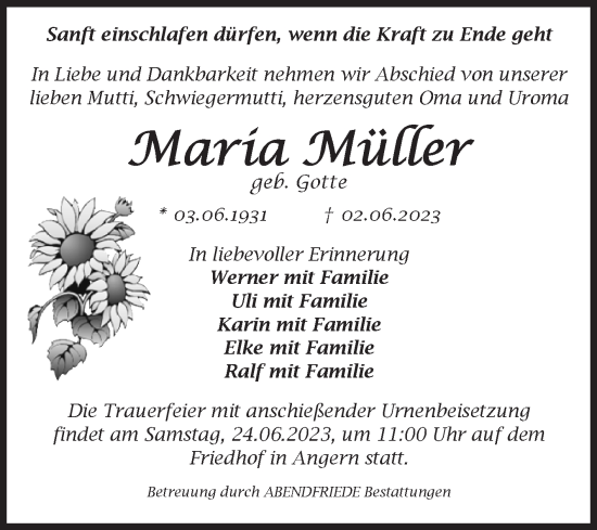 Traueranzeige von Maria Müller von Volksstimme Haldensleben/Wolmirstedt
