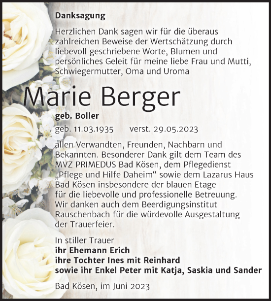 Traueranzeige von Marie Berger von Wochenspiegel Naumburg/Nebra