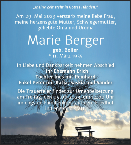 Traueranzeige von Marie Berger von Naumburger Tageblatt