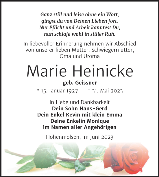 Traueranzeige von Marie Heinicke von Trauerkombi Weißenfels