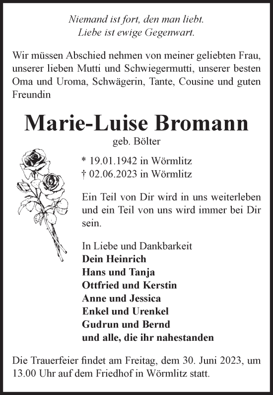 Traueranzeige von Marie-Luise Bromann von Volksstimme Burg/Genthin