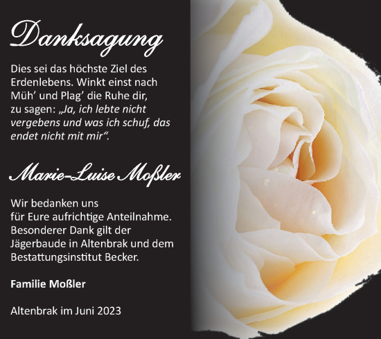 Traueranzeige von Marie-Luise Moßler von Volksstimme Wernigerode