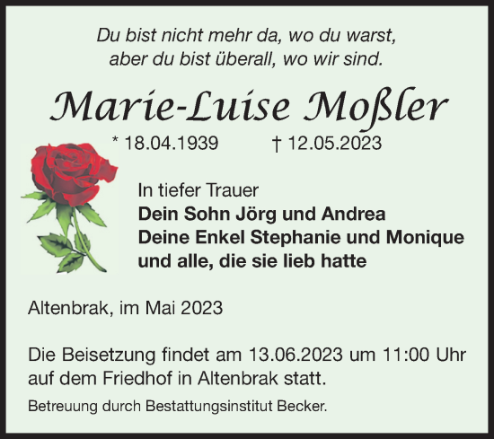 Traueranzeige von Marie-Luise Moßler von Volksstimme Wernigerode