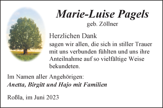 Traueranzeige von Marie-Luise Pagels von Trauerkombi Sangerhausen