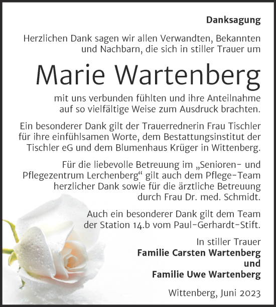 Traueranzeige von Marie Wartenberg von Trauerkombi Wittenberg