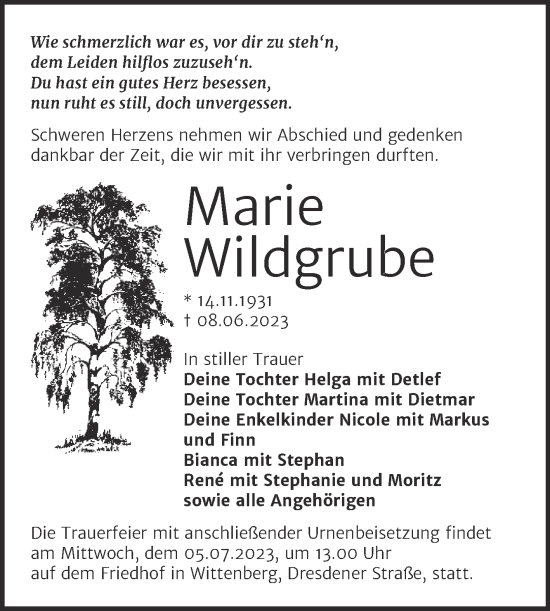 Traueranzeige von Marie Wildgrube von Super Sonntag Wittenberg
