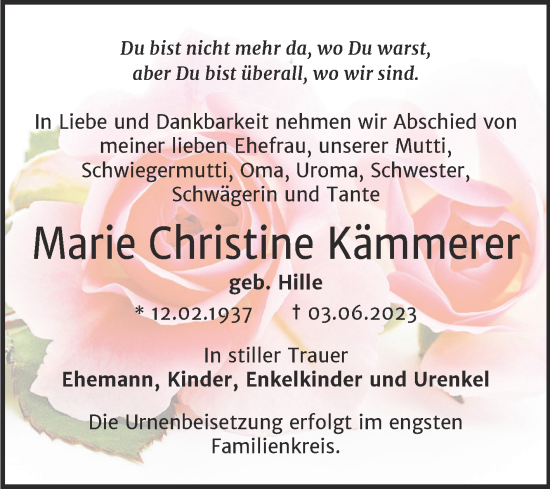 Traueranzeige von Marie Christine Kämmerer von Trauerkombi Bernburg