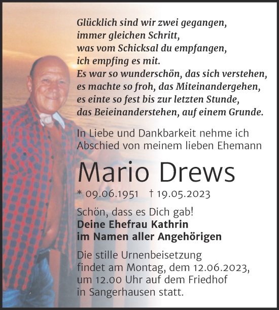 Traueranzeige von Mario Drews von Trauerkombi Sangerhausen