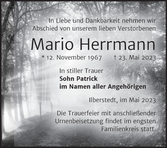 Traueranzeige von Mario Herrmann von Trauerkombi Bernburg
