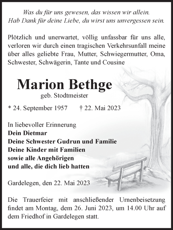Traueranzeige von Marion Bethge von Volksstimme Altmark West