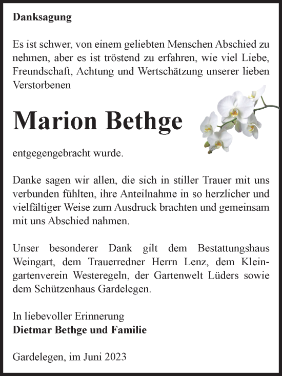 Traueranzeige von Marion Bethge von Volksstimme Altmark West