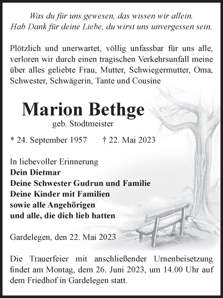  Traueranzeige für Marion Bethge vom 01.06.2023 aus Volksstimme Altmark West