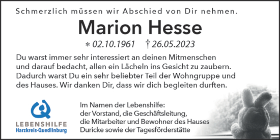 Traueranzeige von Marion Hesse von Super Sonntag Quedlingburg