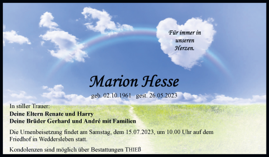 Traueranzeige von Marion Hesse von Trauerkombi Quedlinburg