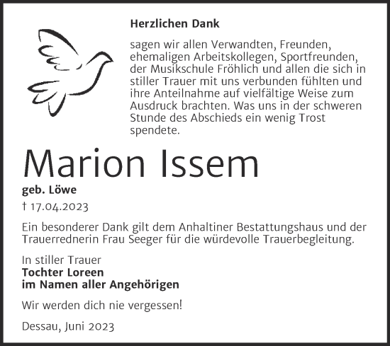 Traueranzeige von Marion Issem von Trauerkombi Dessau