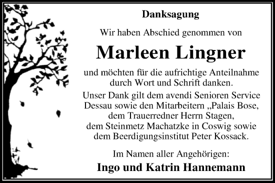 Traueranzeige von Marleen Lingner von Trauerkombi Dessau