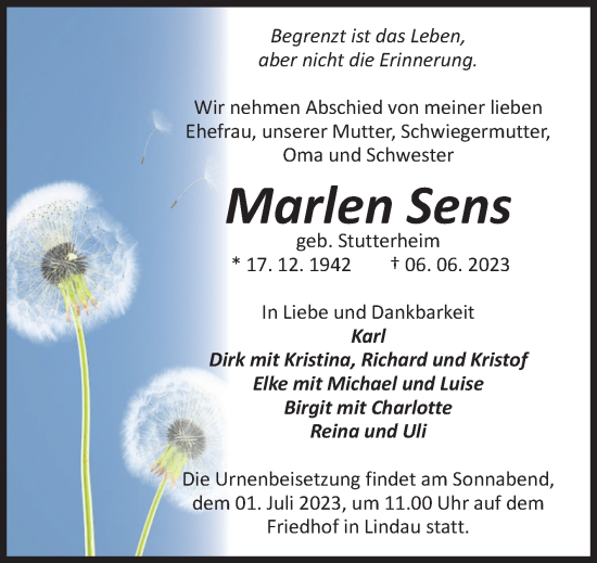 Traueranzeige von Marlen Sens von Volksstimme Zerbst