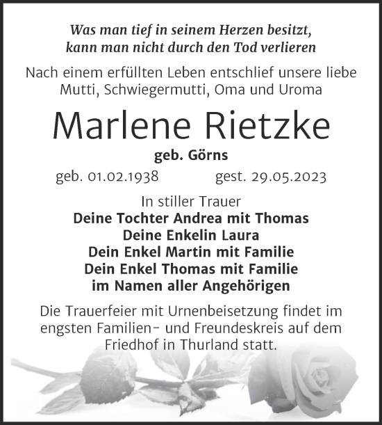 Traueranzeige von Marlene Rietzke von Trauerkombi Bitterfeld