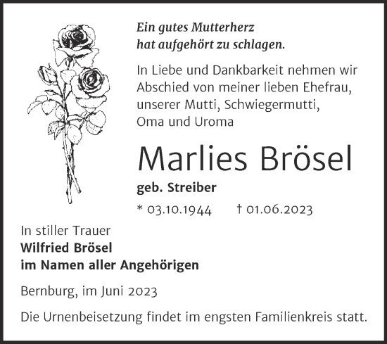 Traueranzeige von Marlies Brösel von Trauerkombi Bernburg